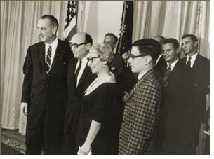 Manuel F. Cohen, at his swearing-in ceremony as SEC Chairman Richard Brill (second from right); President Lyndon B. Johnson (left of Mr. Cohen); Pauline Cohen (right of Mr. Cohen); John Cohen (next to his mother); Leonard Leiman (right rear) Courtesy of Leonard Leiman